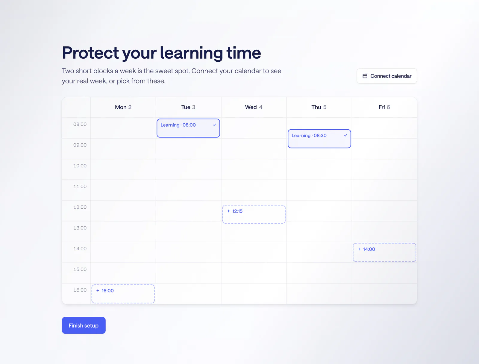 Choosing learning time in Multiverse: a week calendar with two blocks picked and other suggested times