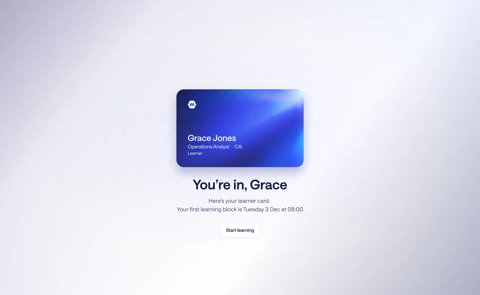 Multiverse's onboarding welcome: a blue learner card with the learner's name, role and number, and a button to start learning