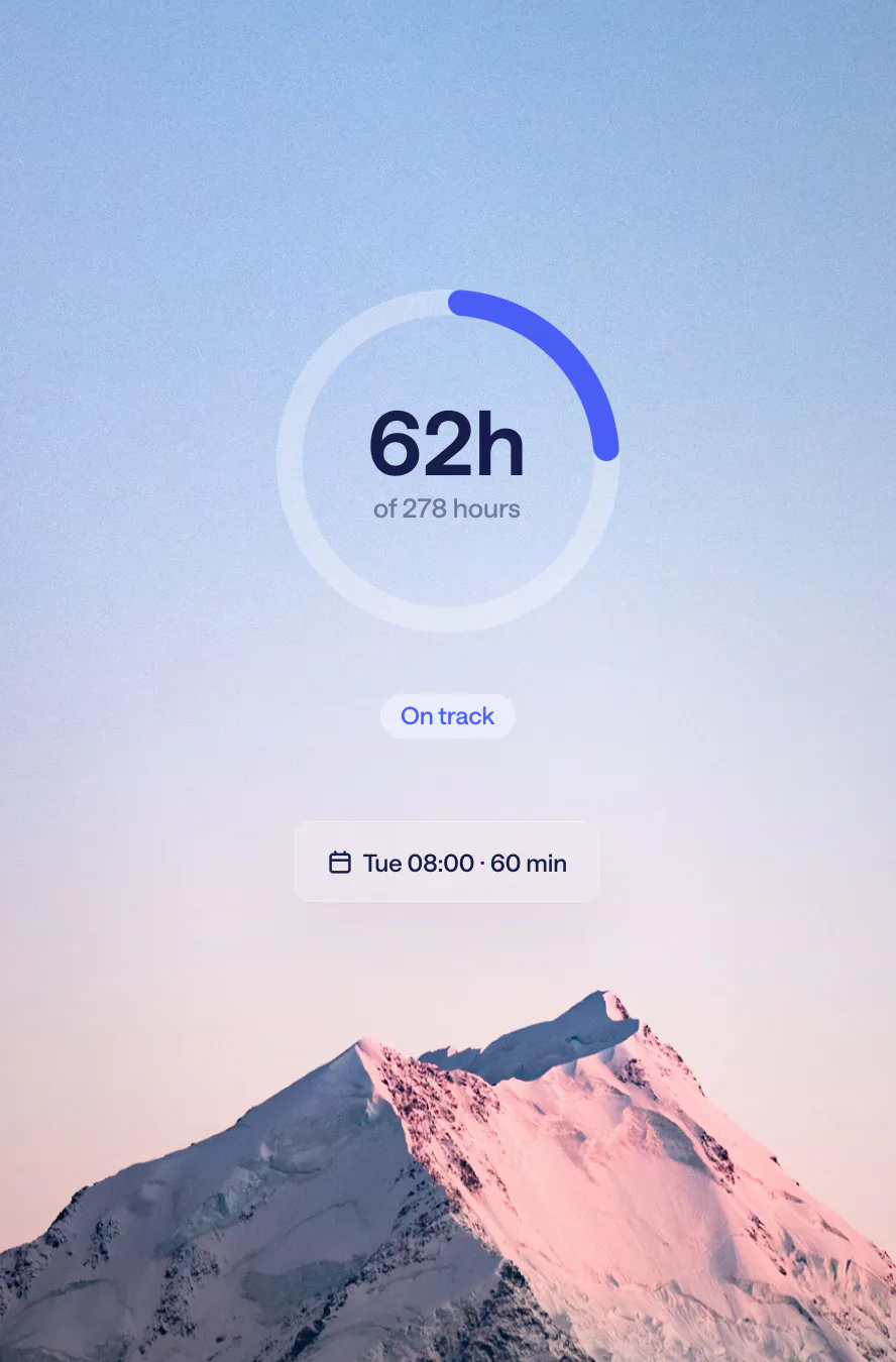 A Multiverse progress ring showing 62 of 278 hours, marked on track, with the next 30-minute session on Tuesday at 08:00