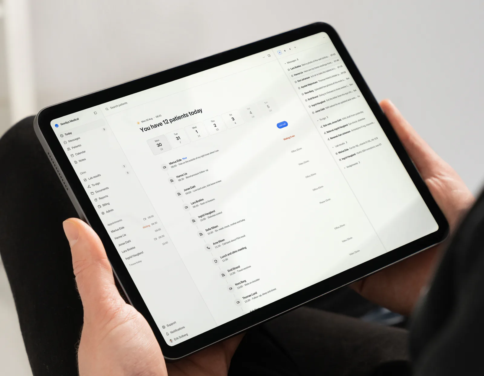 PatientSky's Today view on an iPad held in someone's hands, showing the day's twelve patients