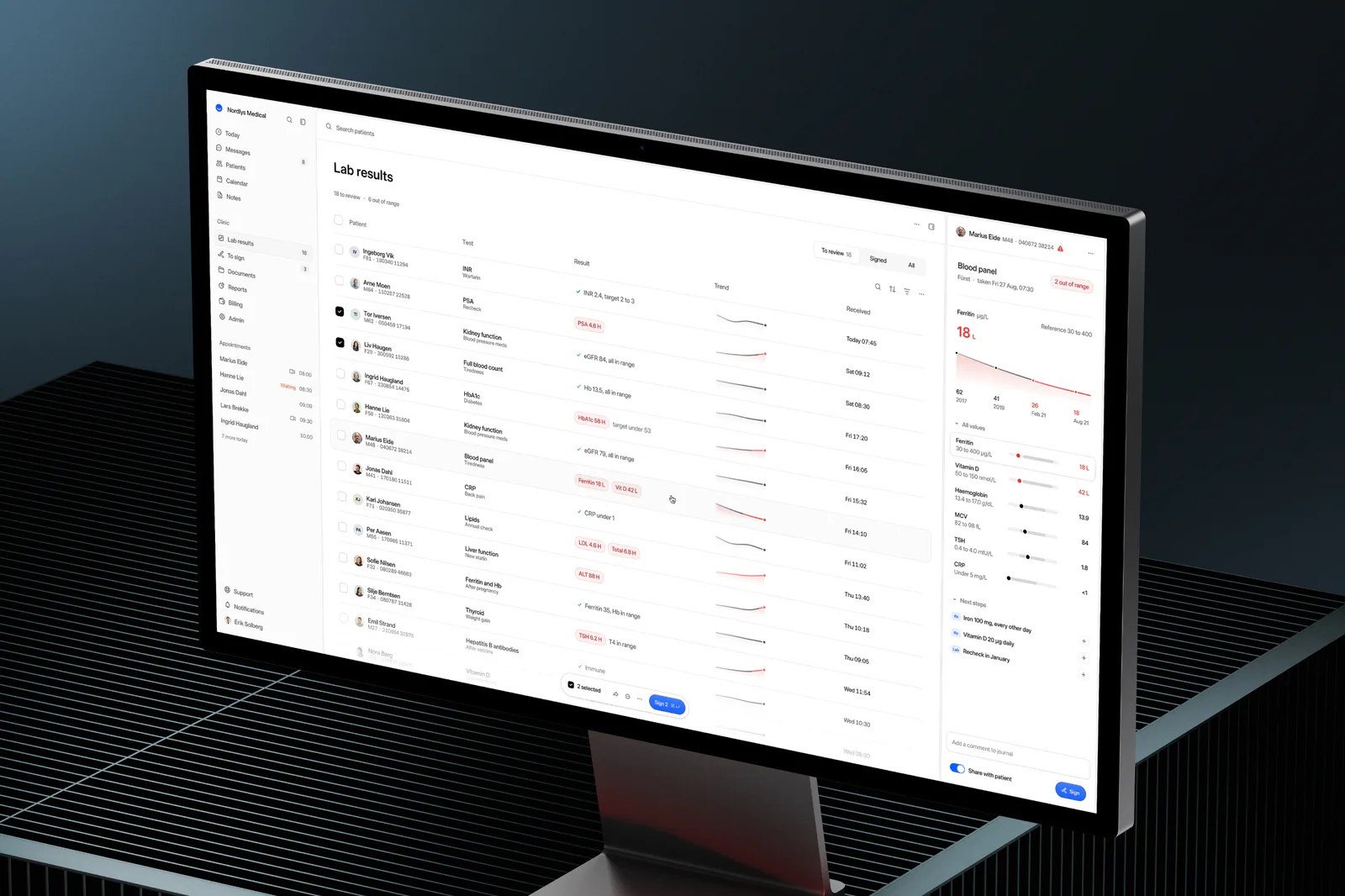 PatientSky's lab results on a desktop monitor, with a list of patients' tests and one blood panel open beside it