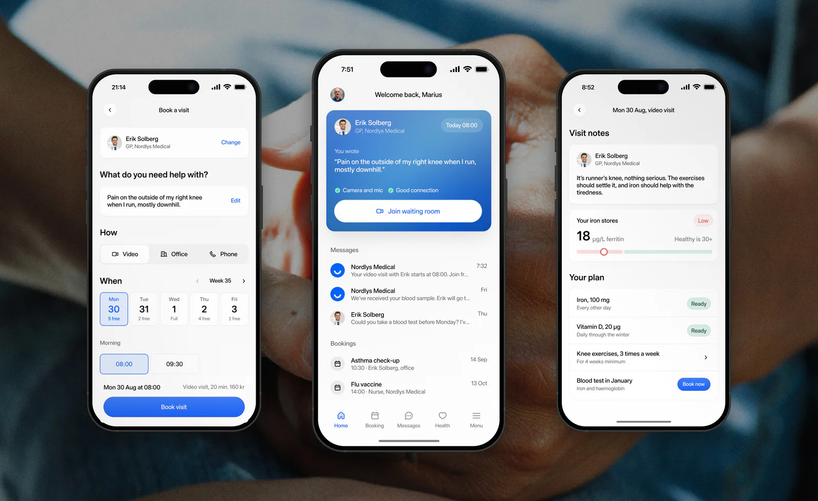 Three screens of the PatientSky patient app: booking a visit, joining the waiting room, and notes and a plan from the doctor