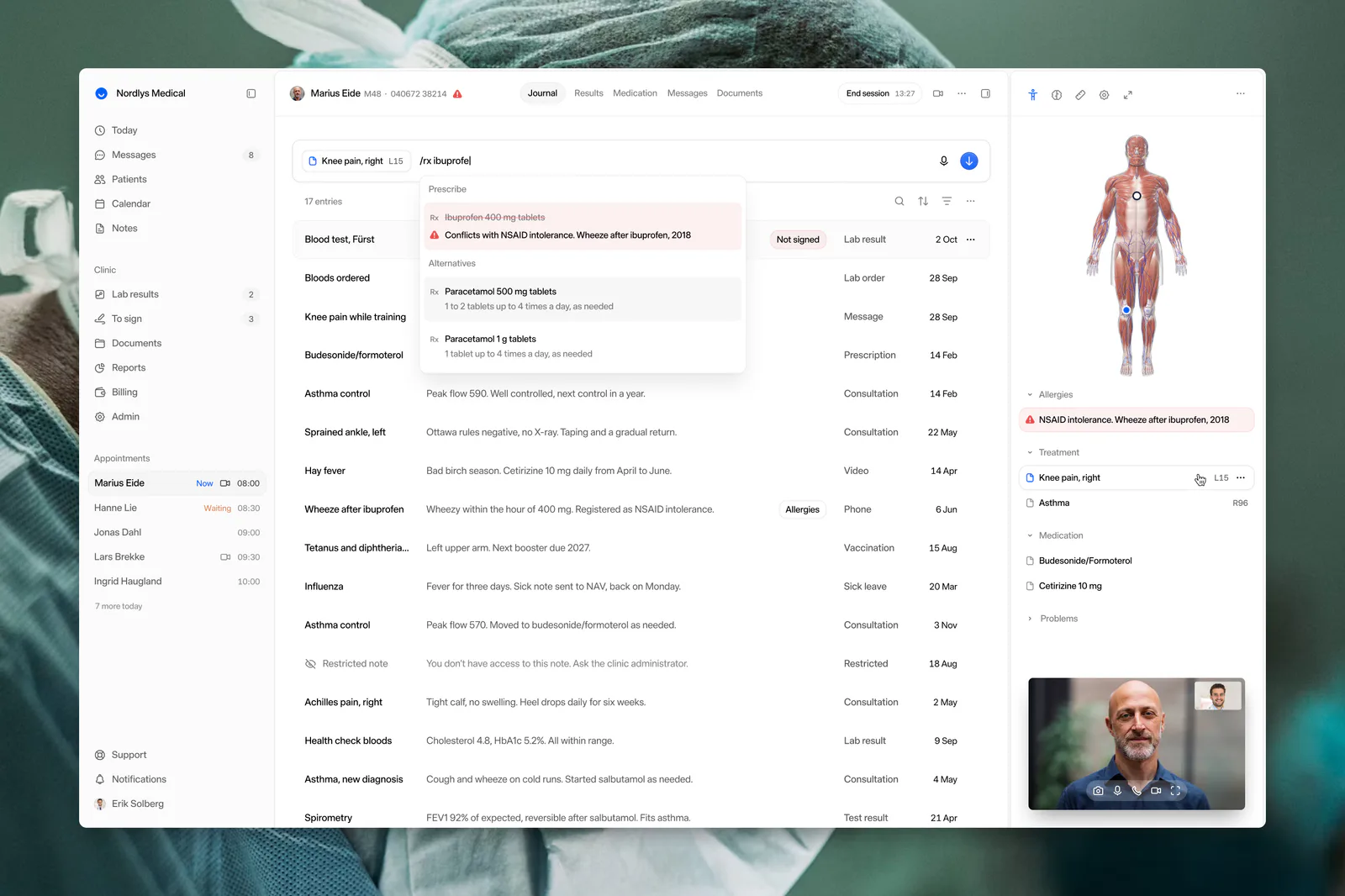 A patient's journal in PatientSky, with a video visit, a body map and an ibuprofen prescription flagged as conflicting with an allergy