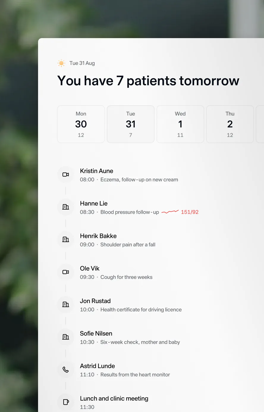 A doctor's schedule in PatientSky: seven patients tomorrow, listed by time with the reason for each visit