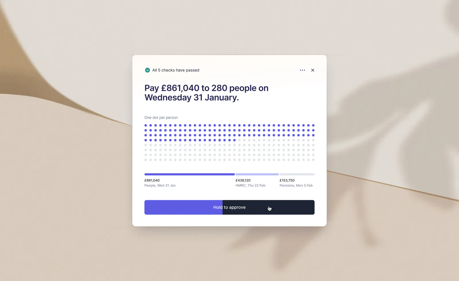 Approving a payroll in Pento: 280 people shown as dots, with a hold-to-approve button