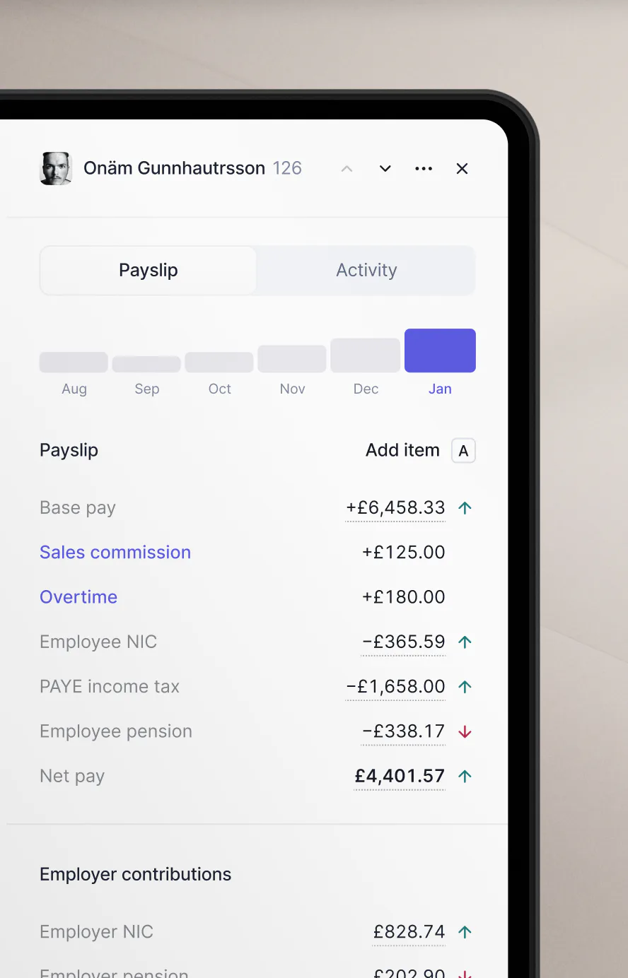 Close-up of an employee's payslip in Pento, with pay items and month-by-month history