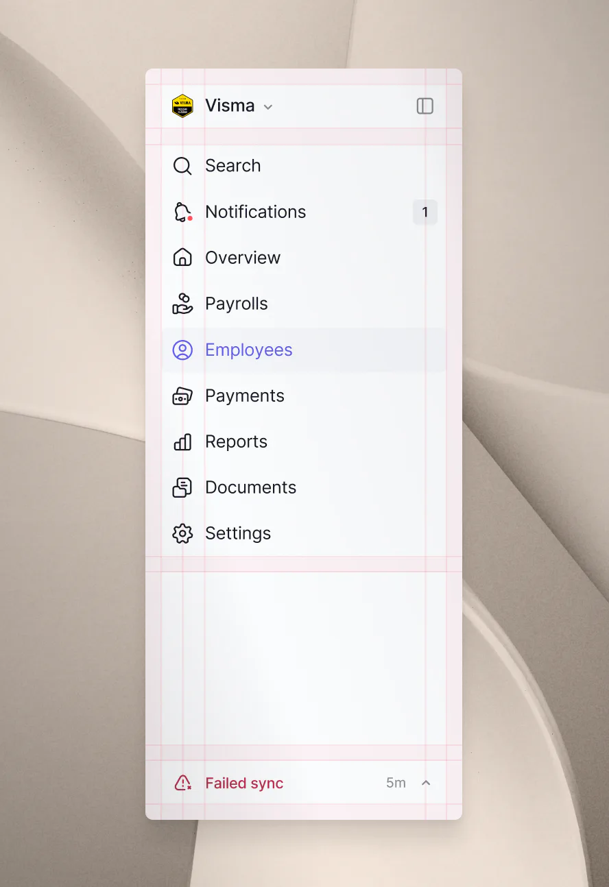 Pento's sidebar navigation marked up with spacing redlines for developers