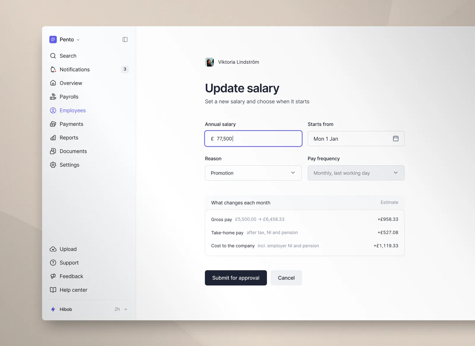 Updating an employee's salary in Pento, with a live estimate of what changes each month
